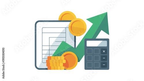 Financial growth with calculator and coins isolated on transparent background.