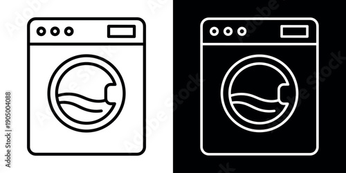 Washing machine icon concept in flat black and white style on clean background vector illustration design