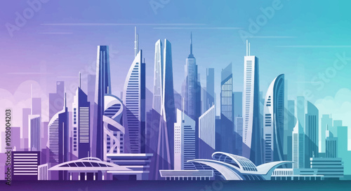 Modern cityscape with futuristic skyscrapers.