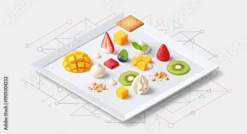 Fresh fruit and dessert on plate.