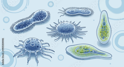 Detailed illustration of various microbes, bacteria, and microorganisms in different shapes and forms on a light blue scientific background.
