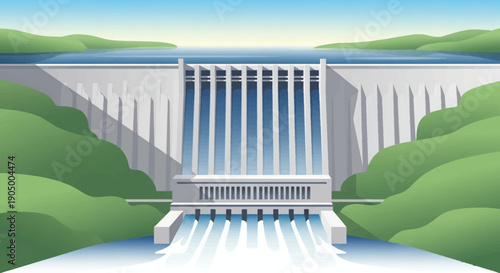 Majestic hydroelectric dam with water flowing, set amidst a lush green landscape and mountains under a blue sky.