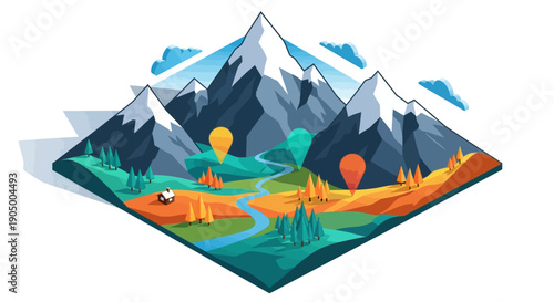 Isometric view of a vibrant natural landscape with towering mountains, a winding river, lush trees, colorful hot air balloons, and a small camping tent.