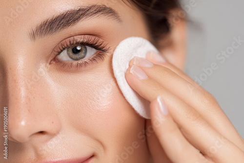 Wallpaper Mural Close-up of Woman Using a Cotton Pad to Apply Toner During Skincare Routine in a Well-Lit Setting Torontodigital.ca