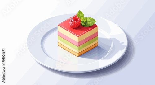 Delicious Layer Cake Slice with Raspberry and Mint Leaf on a White Plate, Isolated White Background