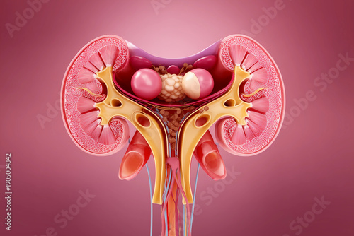 Illustration shows female reproductive system with egg cells, sperm cells, and structures involved in pregnancy and fertility