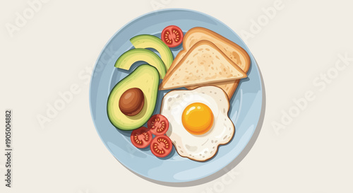 Delicious and healthy breakfast plate with fried egg, sliced avocado, toast, and cherry tomatoes on isolated white background.
