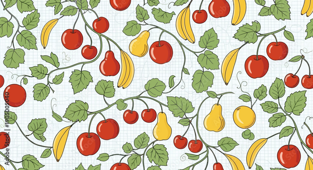 Obraz premium Seamless pattern with fresh red cherries, yellow pears, and bananas on green leafy vines, creating a vibrant botanical design on a grid background.