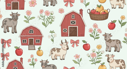 Charming farm animals and barns pattern with flowers and fruits.