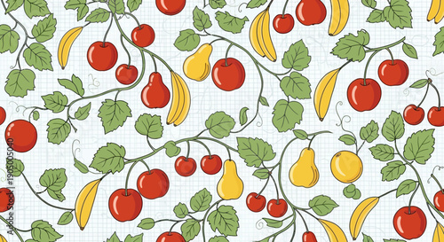 Seamless pattern with fresh red cherries, yellow pears, and bananas on green leafy vines, creating a vibrant botanical design on a grid background.