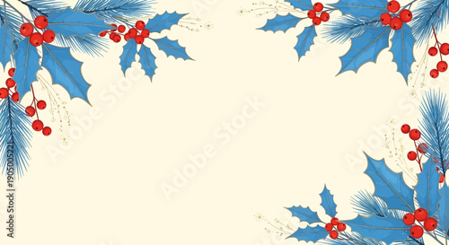Elegant festive corner frame border featuring vibrant red holly berries and stylized blue holly leaves on a light cream background, offering a classic winter design.