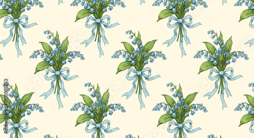 Vintage floral pattern with blue flowers and ribbons on a cream background.