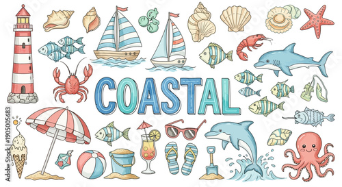 Collection of colorful hand-drawn coastal and marine elements like a lighthouse, sailboats, various fish, seashells, and sea creatures, with 'COASTAL' text.