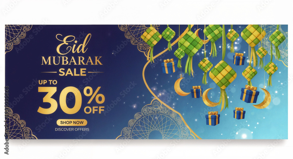 Naklejka premium Eid Mubarak sale offers discounts up to 30 percent on various items for the festive season and encourages people to shop online
