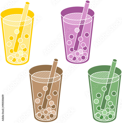 Vibrant Flavored Boba Tea Cups Collection Banana Strawberry Coffee Matcha.