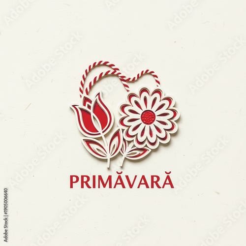 Papercraft illustration for the Romanian spring holiday. Features a Martisor with flowers and the word Primavara, meaning Spring.. Vector illustration