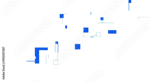 An abstract field of scattered, emissive neon blue geometric shapes (blocks, lines, dashes) mimicking corrupted data on a transparent void background. Concept of digital disruption and glitch art.