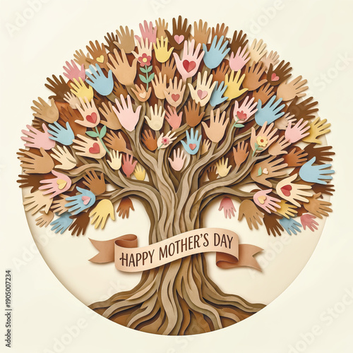 A beautiful papercraft illustration for Mother's Day. A tree made of diverse, colorful hands holding hearts and flowers, symbolizing family unity and love.. Vector illustration
