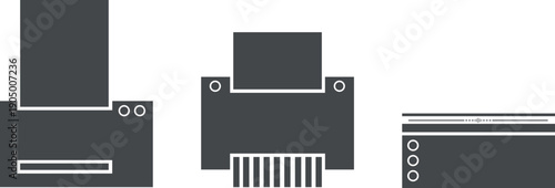 Office papers and printers, a box with valuable documents, sheets of paper, assets and finances, an accounting report, vector web icons, printing text on A4 paper. Scanner and shredder