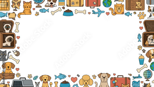 Colorful dog and cat travel frame border with icons and symbols for pet lovers and adventure seekers everywhere always