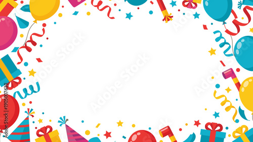 Colorful birthday frame with balloons, streamers and confetti on for celebrations