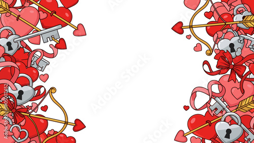 Valentines day border design with hearts, locks, and arrows on for romantic greeting cards and festive decorations