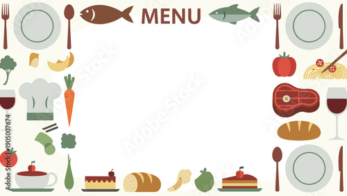 Colorful menu border with various food icons and utensils