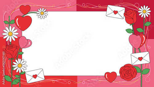 Valentines day frame with hearts, flowers, and envelopes on pink background for love and greeting card design