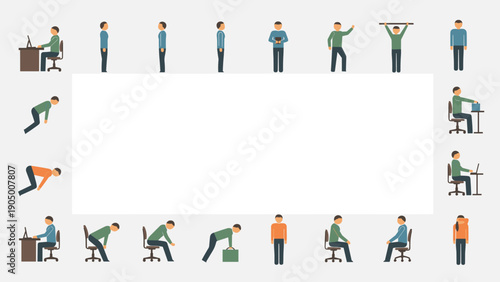 Collection of various office workers performing different actions and tasks in an office setting with multiple postures and emotions