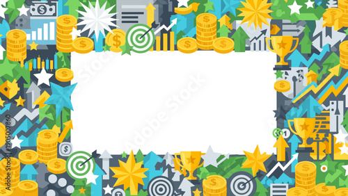 Colorful business success concept with various icons and symbols arranged in a border frame for infographics or presentations