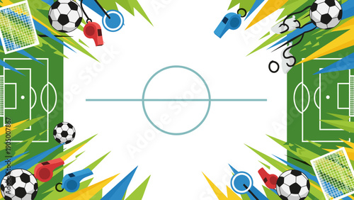 Vibrant soccer field background with colorful graphics and equipment