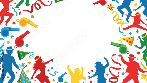 Colorful party border with silhouettes of people celebrating and having fun with confetti and ribbons