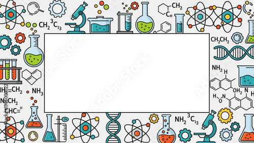 Colorful illustration of various science and chemistry related objects and symbols on for educational or decorative purposes