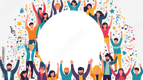 A vibrant illustration of a diverse group of people celebrating with confetti and music notes in a circular formation