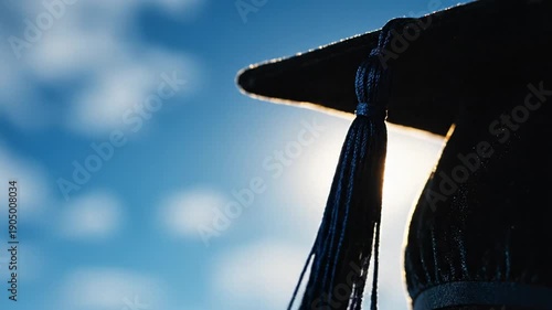 Graduation ceremony academic cap with tassel against blue sky.