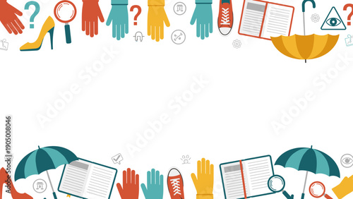 Colorful icons of office supplies and protective gear on for business or safety concepts