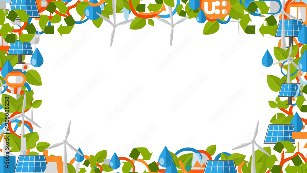 Fototapeta premium Eco friendly border frame with green leaves and sustainable energy icons on for eco friendly business presentation