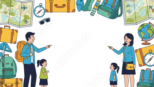 Family on vacation with luggage and travel accessories