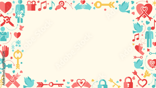 Colorful border frame with various icons and symbols on for decoration and design
