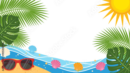 Vibrant beach scene with sunglasses, seashells, and palm leaves on a sunny day with a wave design