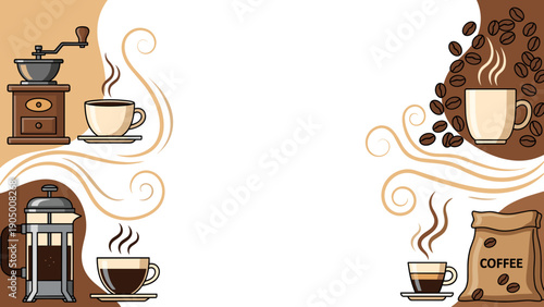 Coffee and coffee maker with beans and cups on a warm brown background with steam rising