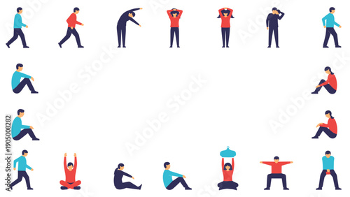 Collection of various people doing different yoga poses and stretches for wellness and flexibility