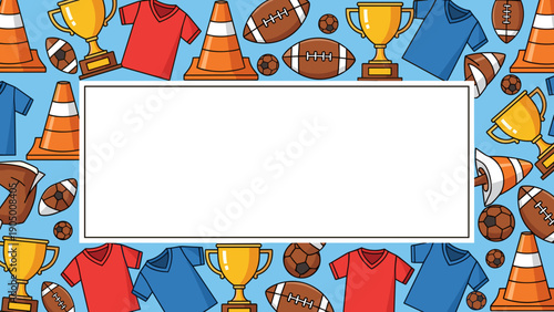 Colorful sports themed border with trophies and equipment on blue background for kids or school use