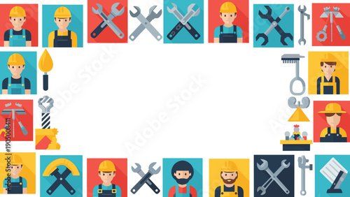 Colorful set of construction icons with tools and workers on colored squares