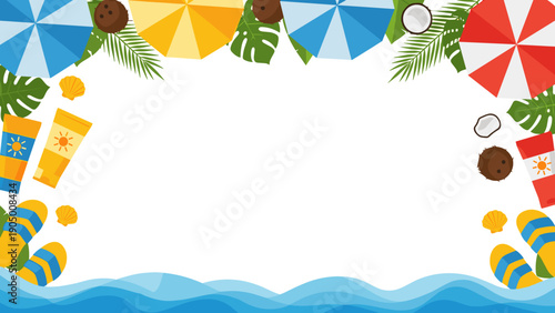 Vibrant summer border with beach elements and colorful umbrellas
