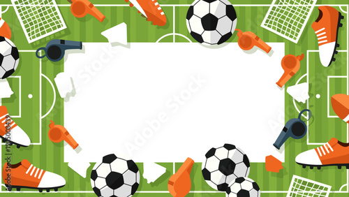 Soccer field frame with various football equipment and accessories arranged around a white empty space for text or design on green background