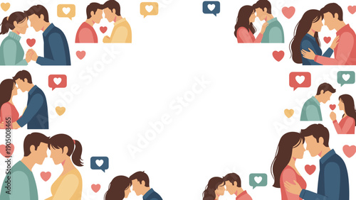 Loving couples sharing romantic moments with social media icons and hearts around