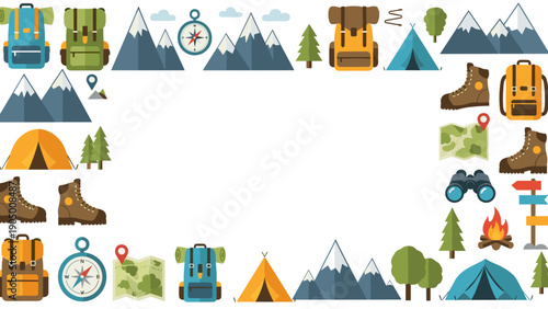 Colorful camping icons set including mountains, tents, boots, and gear