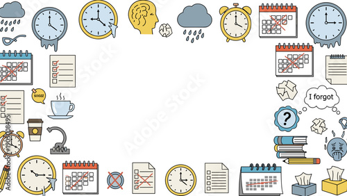 Collection of various clocks calendars and office supplies on for time management and organization