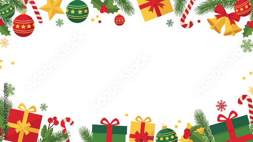 Christmas presents and decorations border with bows and ribbons